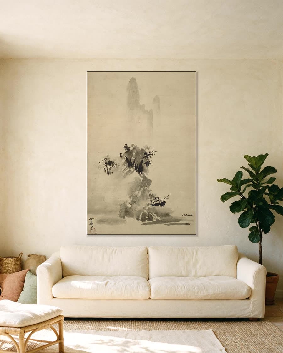 Haboku-landschap (gespat-inkt) in een aluminium frame aan dezelfde muur