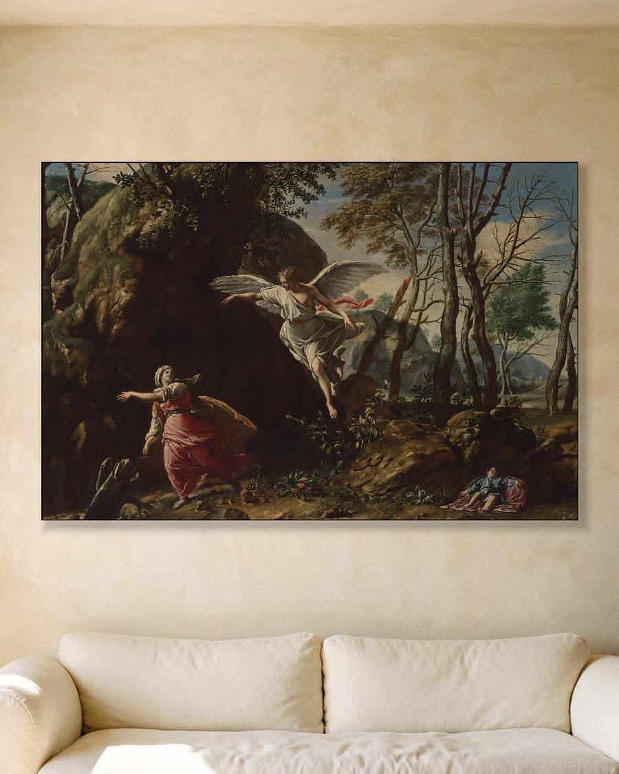 Hagar en Ismaël in de woestijn in een aluminium frame aan dezelfde muur