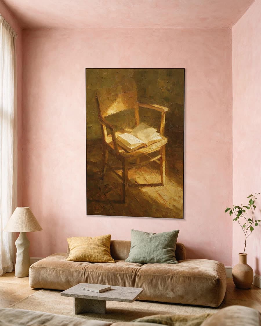 Boek op een stoel in een aluminium frame aan dezelfde muur