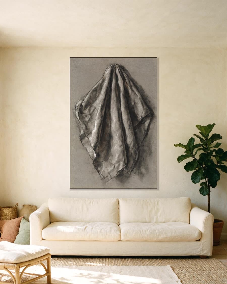 Draperie aan een punt in een aluminium frame aan dezelfde muur