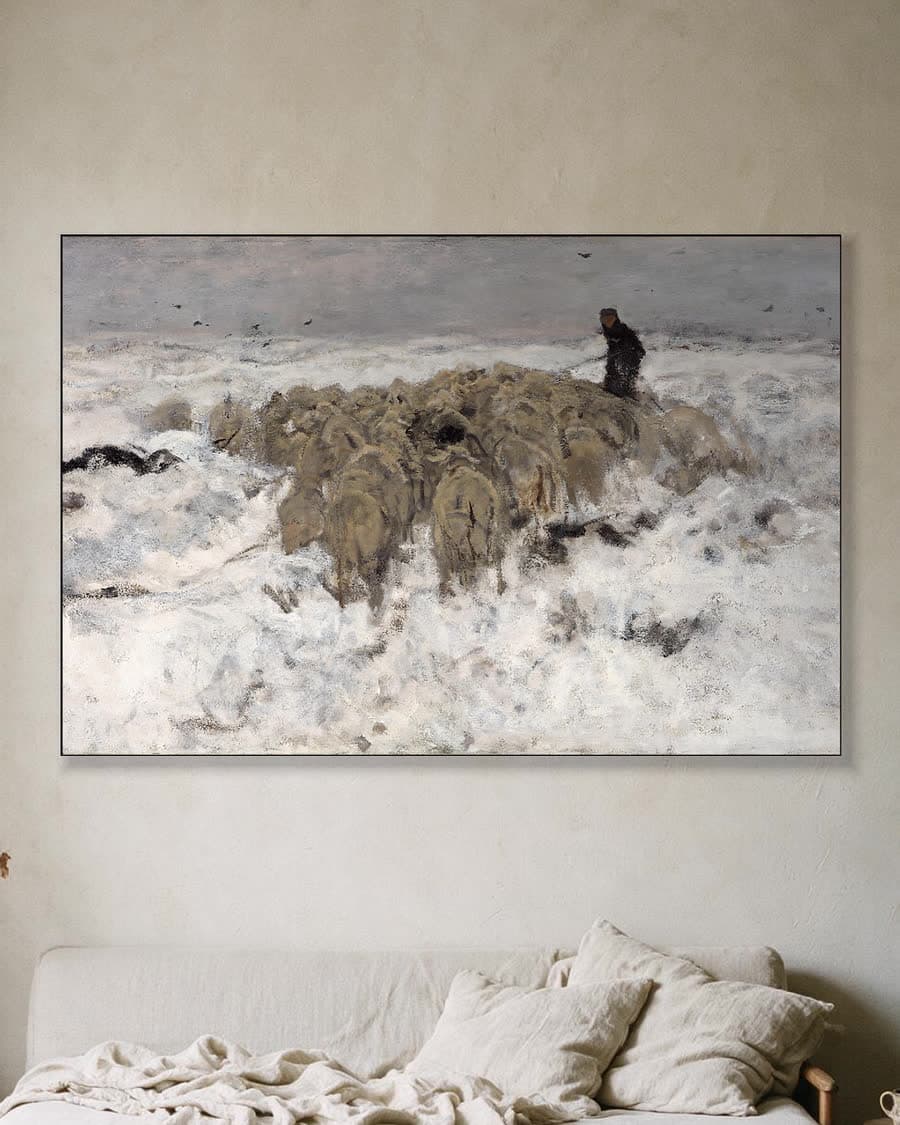 Schaapskudde met herder in de sneeuw in een aluminium frame aan dezelfde muur
