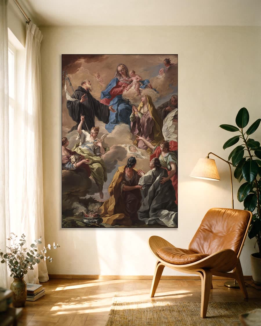 Heiligen stellen een vrome vrouw voor aan Maria met kind in een aluminium frame aan dezelfde muur