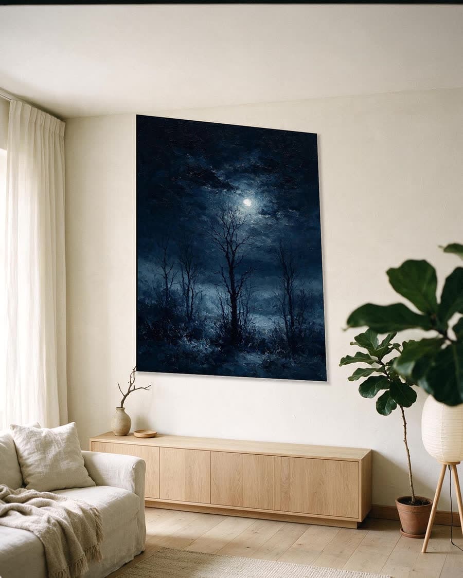 Bomen tegen de nachtlucht in een aluminium frame aan dezelfde muur