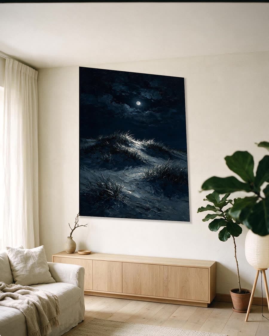 Duin bij nacht in een aluminium frame aan dezelfde muur
