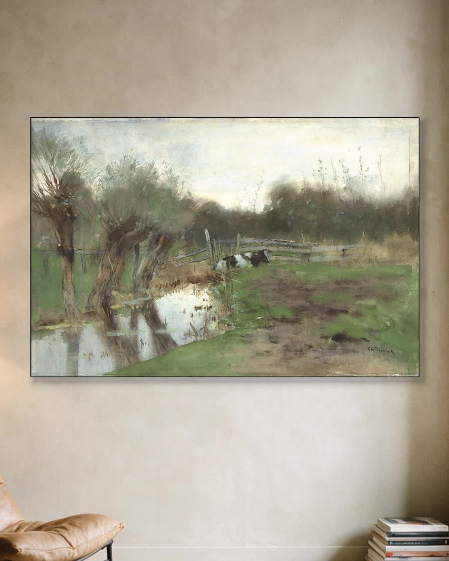 Weiland met koeien bij de sloot in een aluminium frame aan dezelfde muur