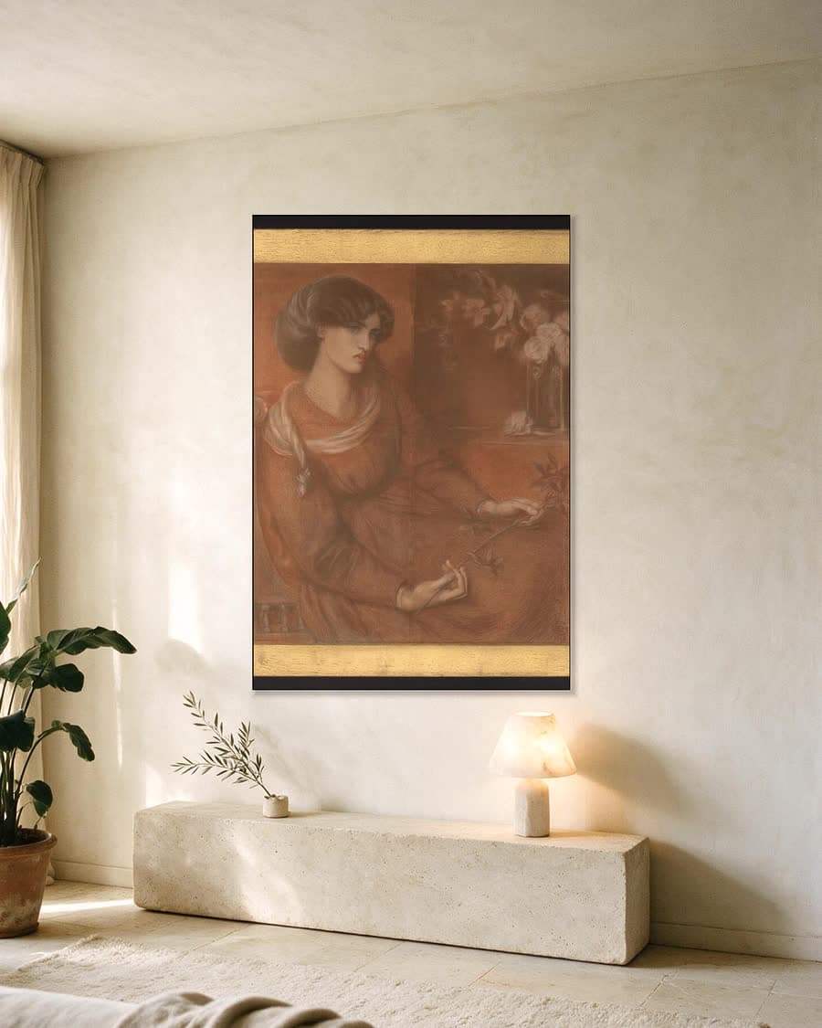 Jane Morris, studie voor Mariana in een aluminium frame aan dezelfde muur