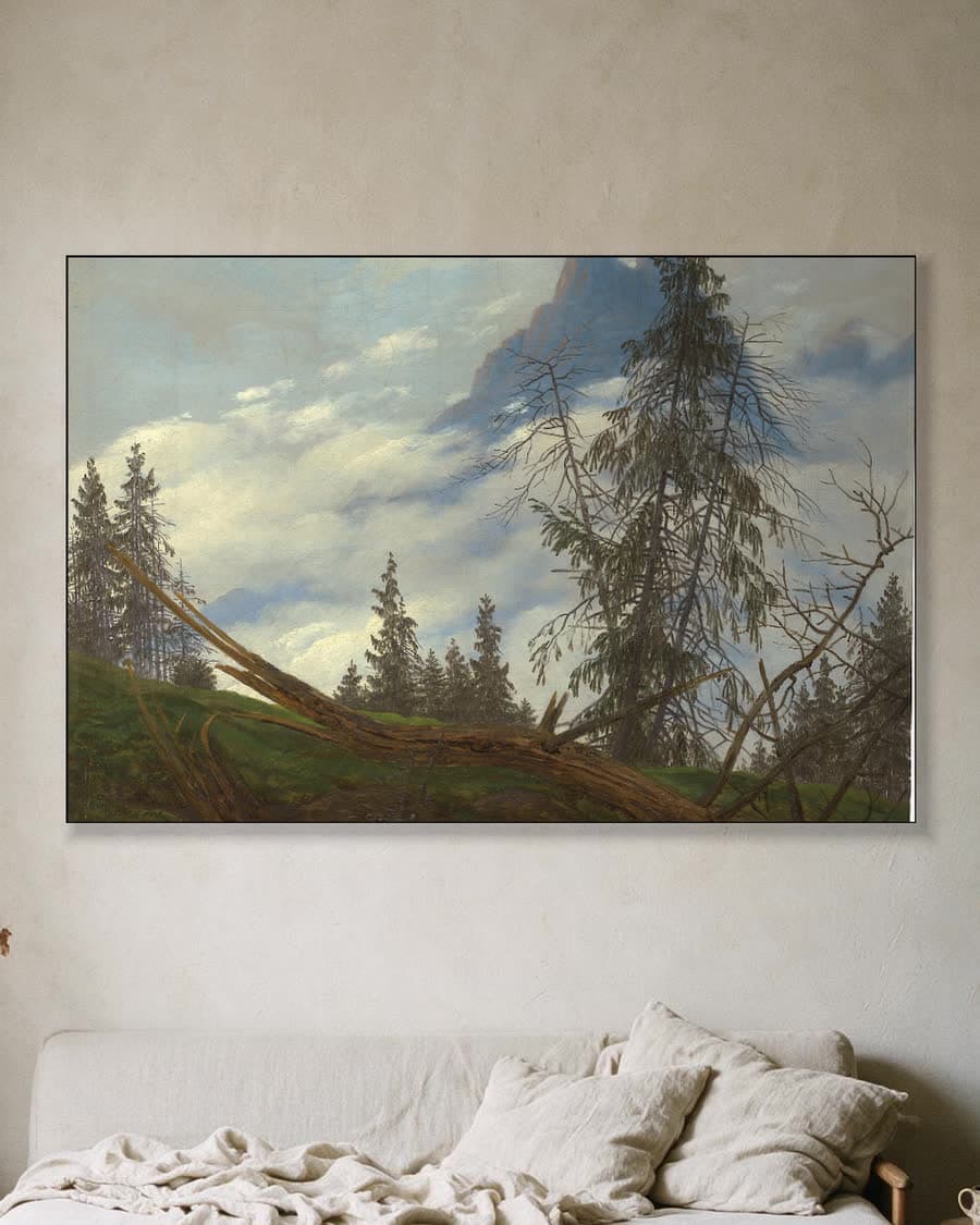 Berglandschap met omgevallen boom in een aluminium frame aan dezelfde muur