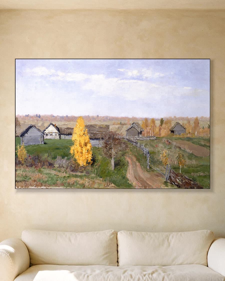 Herfst in het dorp in een aluminium frame aan dezelfde muur