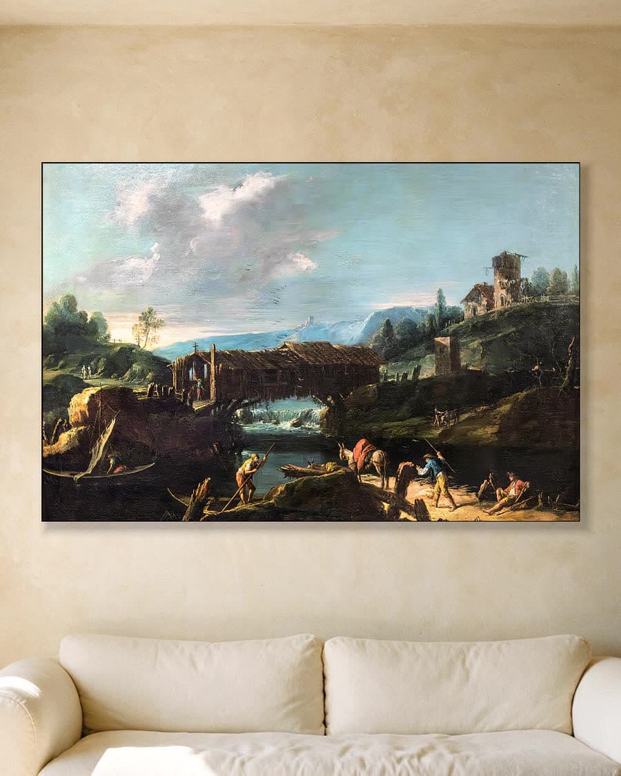 Landschap met houten brug in een aluminium frame aan dezelfde muur