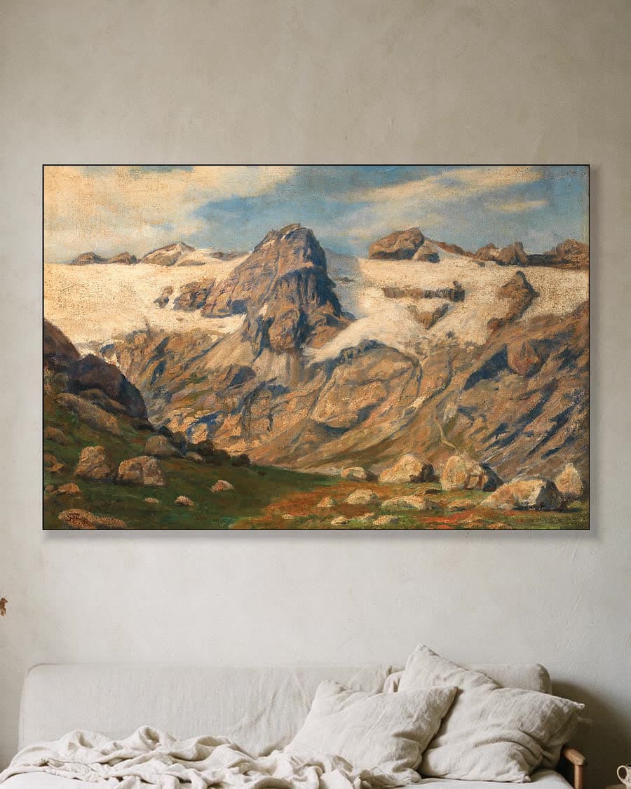 Besneeuwde bergtoppen in de Alpen in een aluminium frame aan dezelfde muur