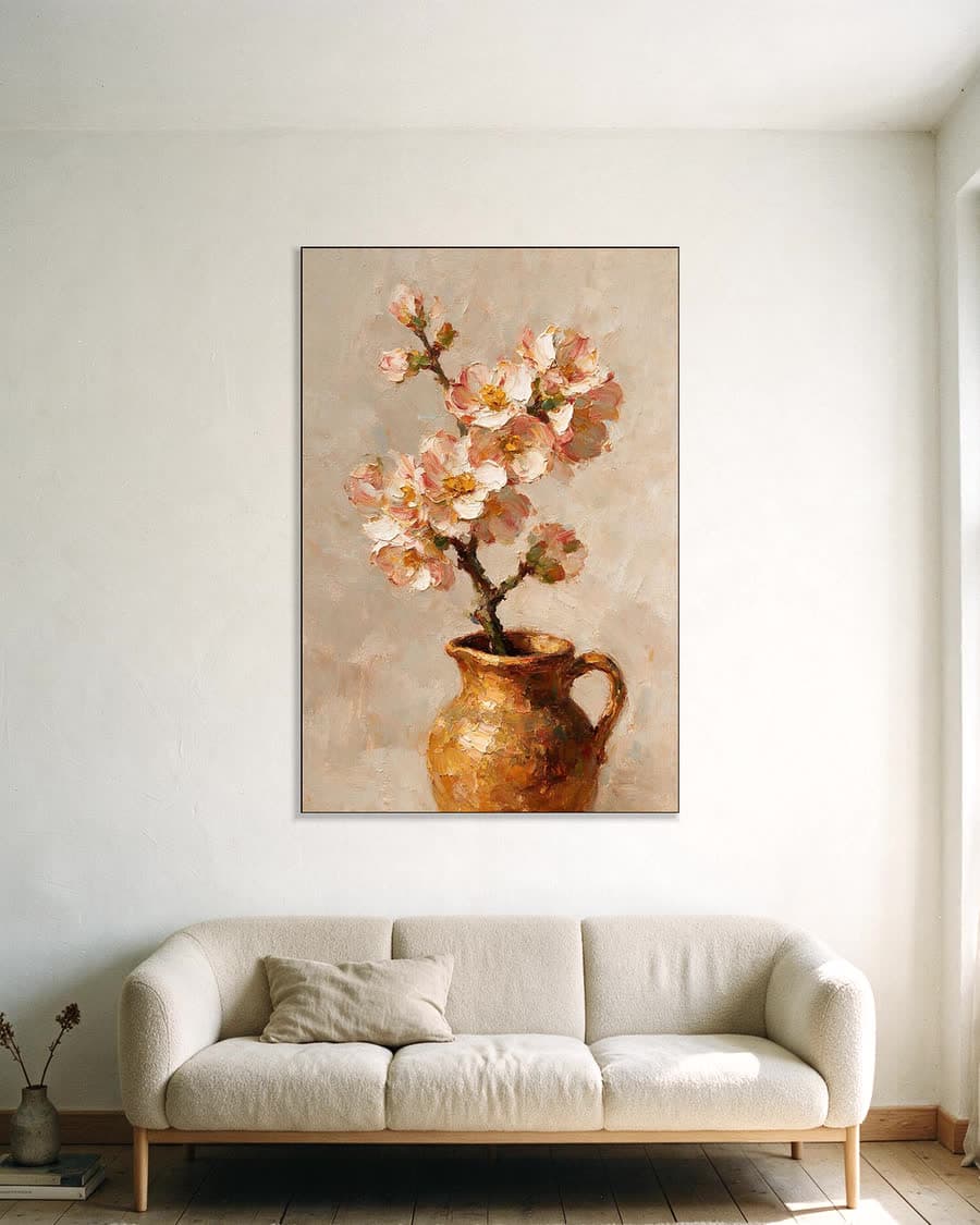 Bloesem in een kruikje in een aluminium frame aan dezelfde muur