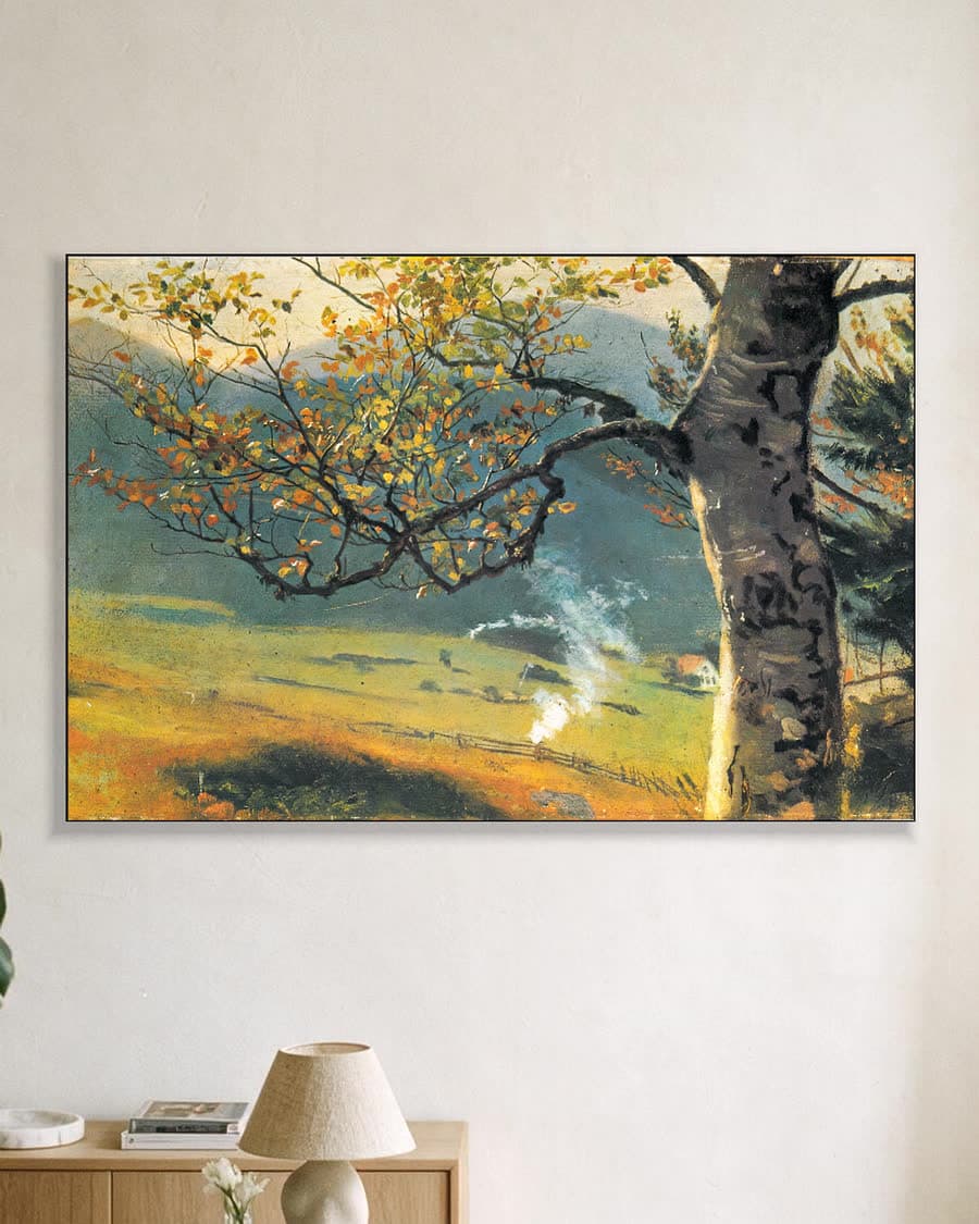 Herfstboom in de vallei in een aluminium frame aan dezelfde muur