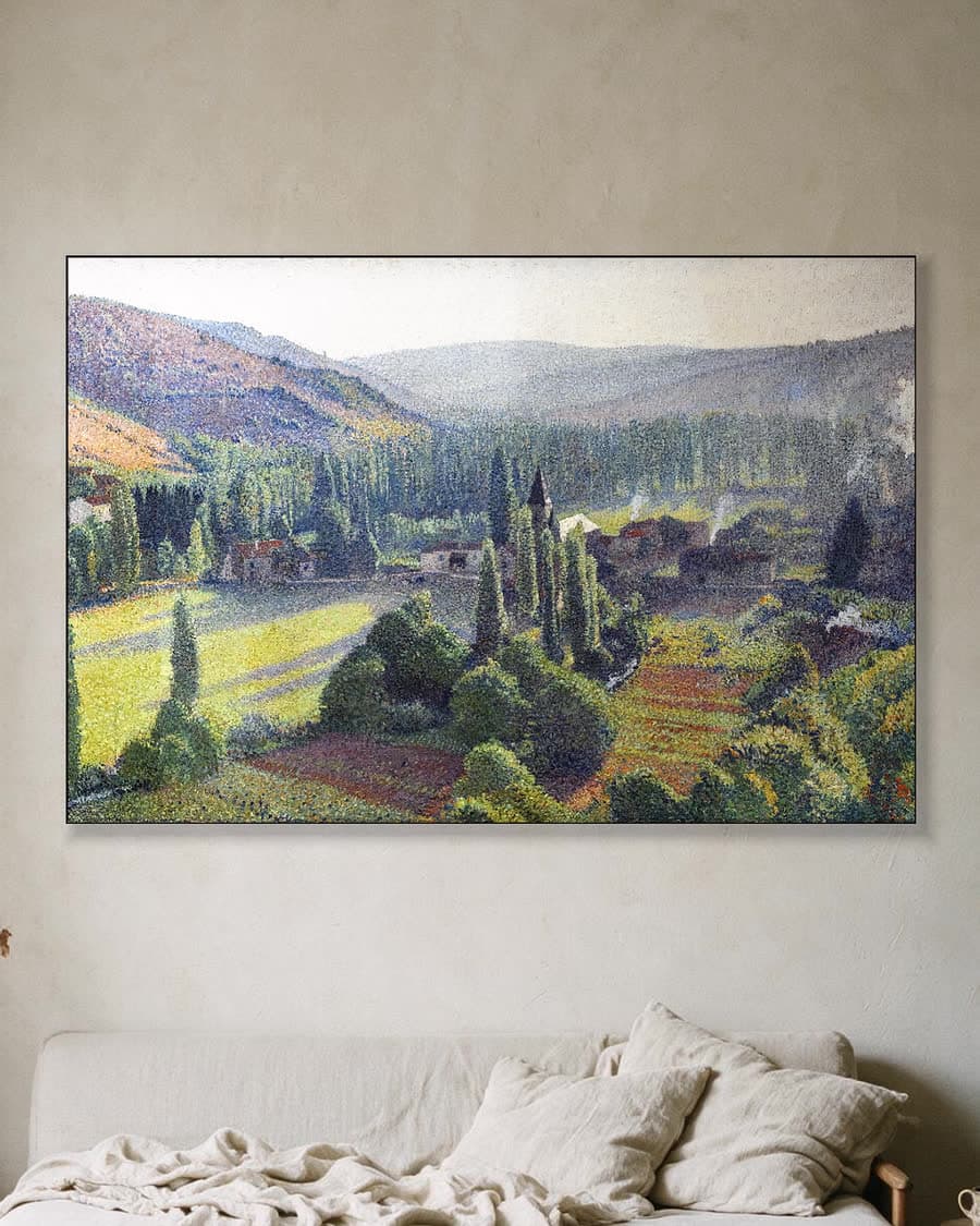Vallei met cipressen in een aluminium frame aan dezelfde muur