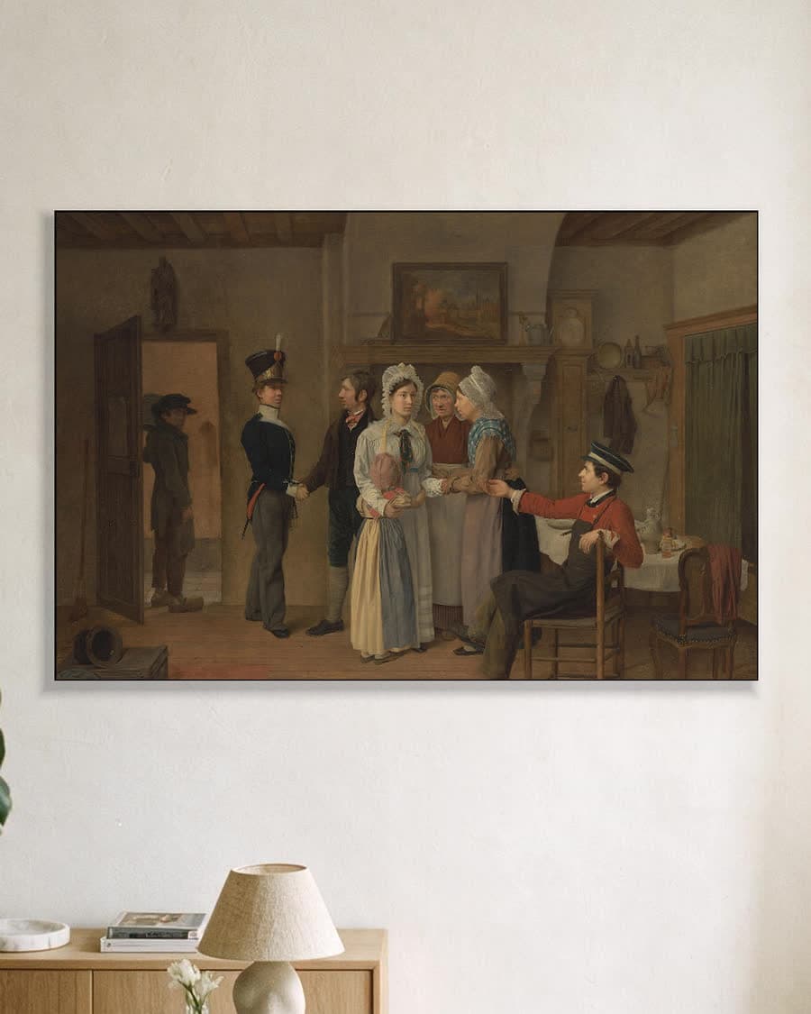 Het afscheid van de soldaat in een aluminium frame aan dezelfde muur