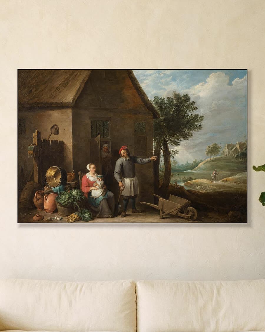 Een landman met een vrouw en kind in een aluminium frame aan dezelfde muur