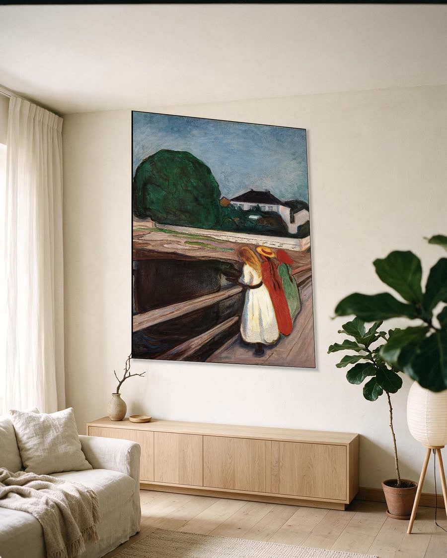 De meisjes op de brug (1901) in een aluminium frame aan dezelfde muur