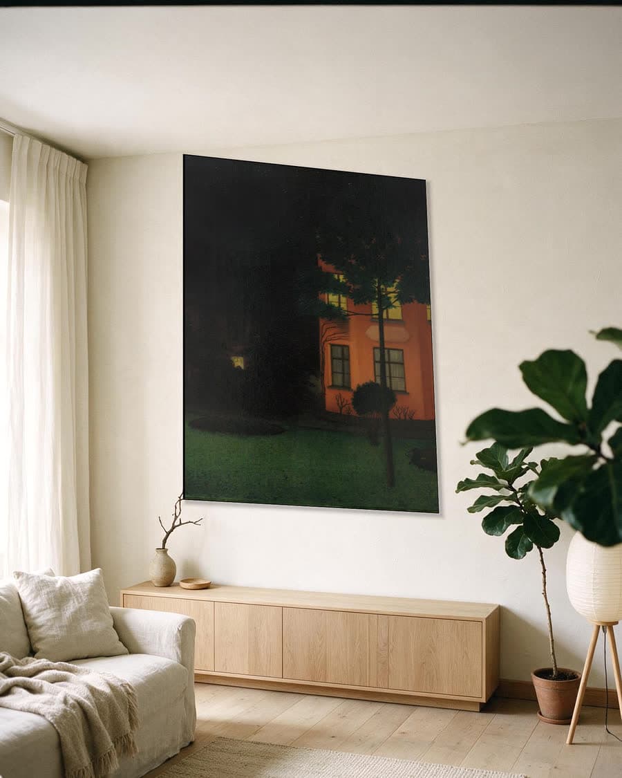 Het blinde huis (Het roze huis, 1892) in een aluminium frame aan dezelfde muur