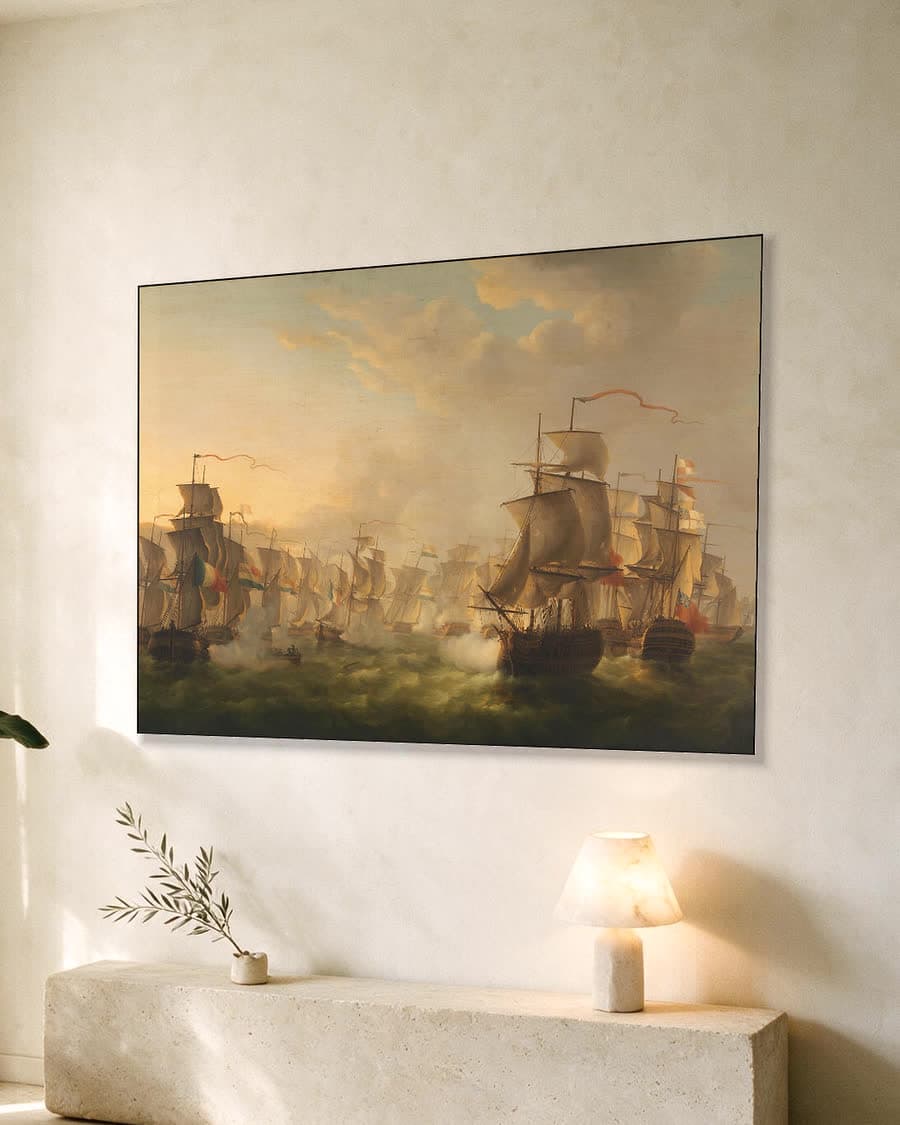 Treffen van de Nederlandse en Britse vloot in een aluminium frame aan dezelfde muur
