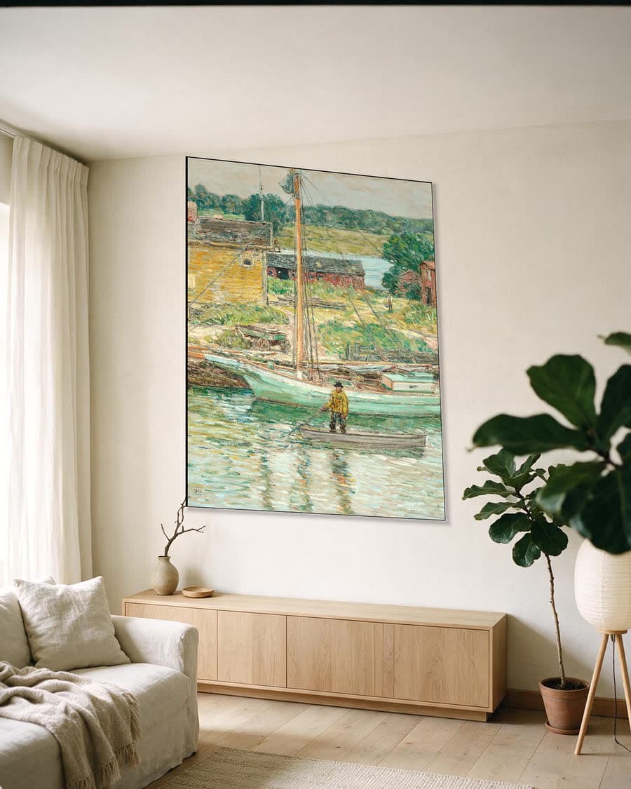 Oesterschuit, Cos Cob in een aluminium frame aan dezelfde muur