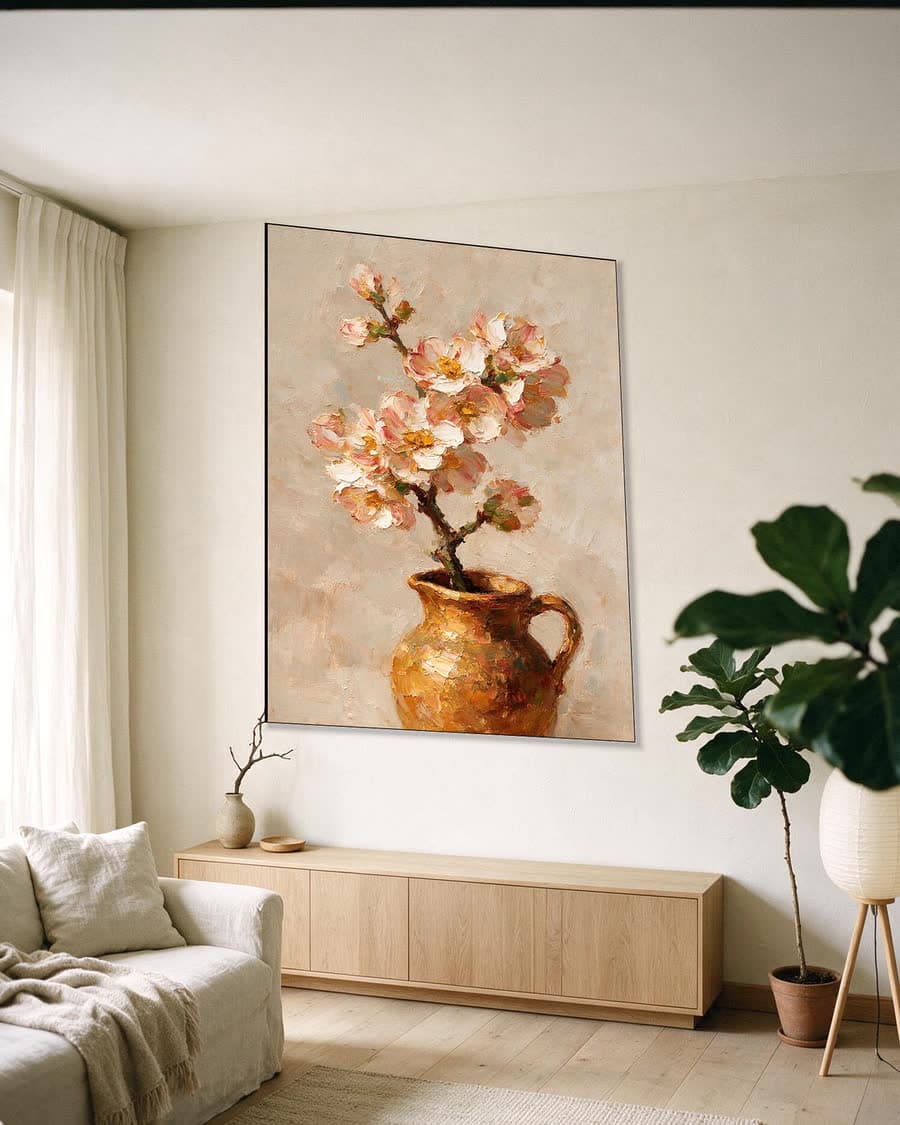 Bloesem in een kruikje in een aluminium frame aan dezelfde muur