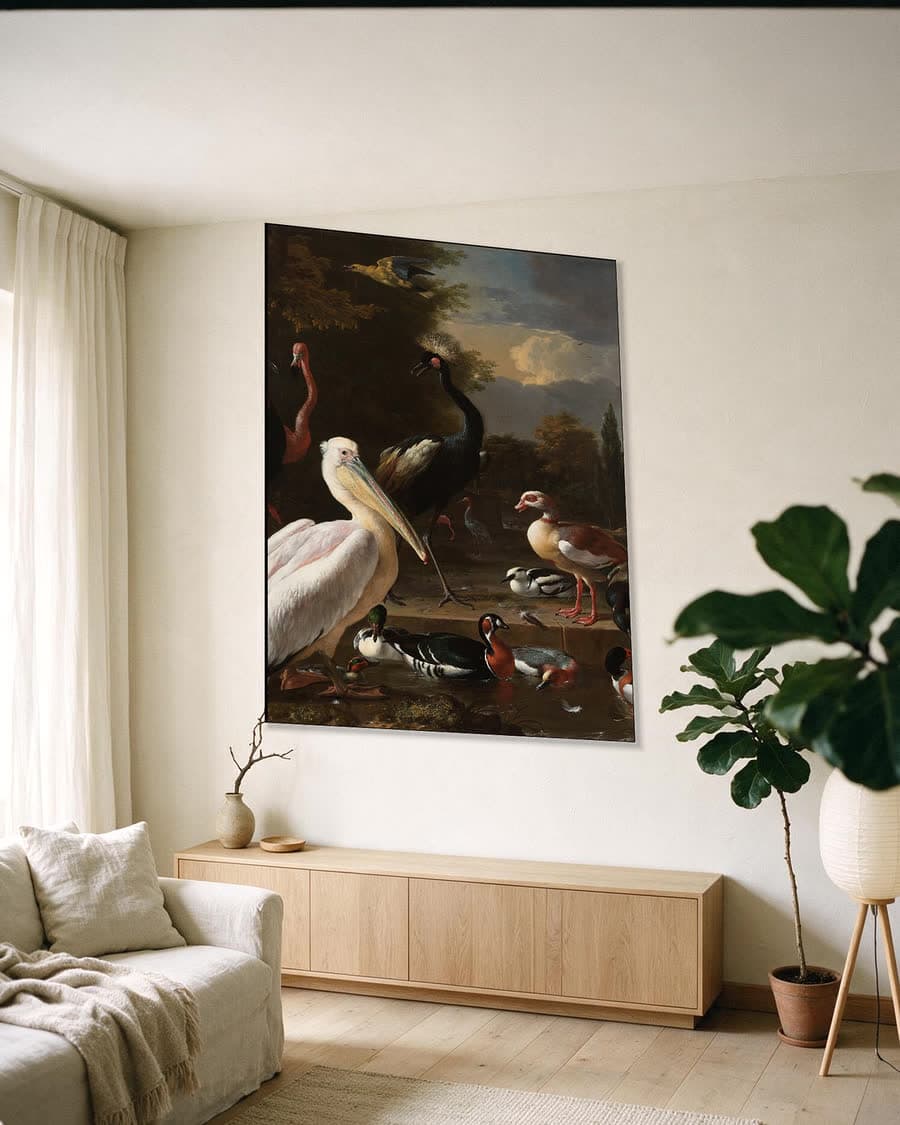 Het drijvend veertje in een aluminium frame aan dezelfde muur