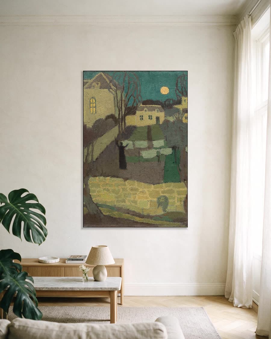Het drogen van het linnen, of maansopkomst bij de priorij in een aluminium frame aan dezelfde muur