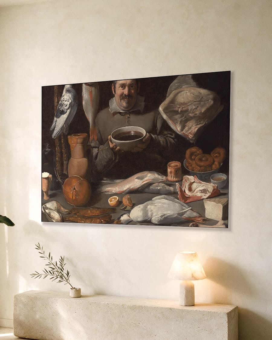 Keukenstuk (bodegón) in een aluminium frame aan dezelfde muur