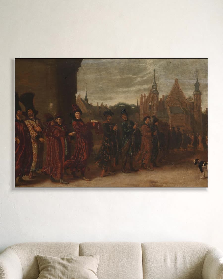 Het gezantschap van de tsaar van Moskovië onderweg naar een ontmoeting in een aluminium frame aan dezelfde muur