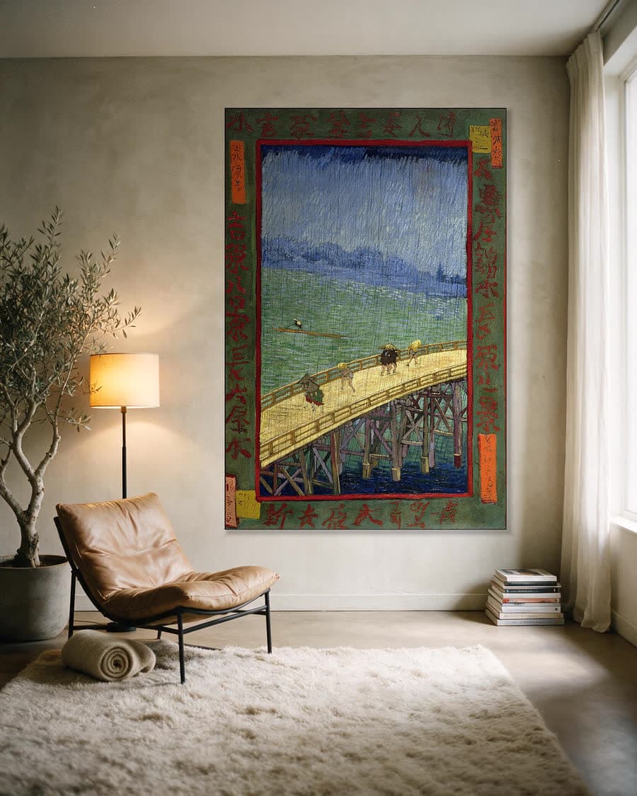 Brug in de regen (naar Hiroshige) in een aluminium frame aan dezelfde muur