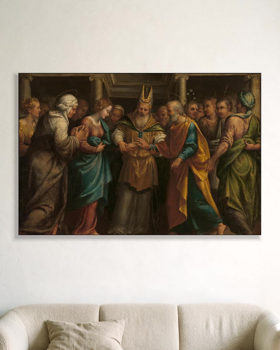 Het huwelijk van Maria met Jozef in een aluminium frame aan dezelfde muur