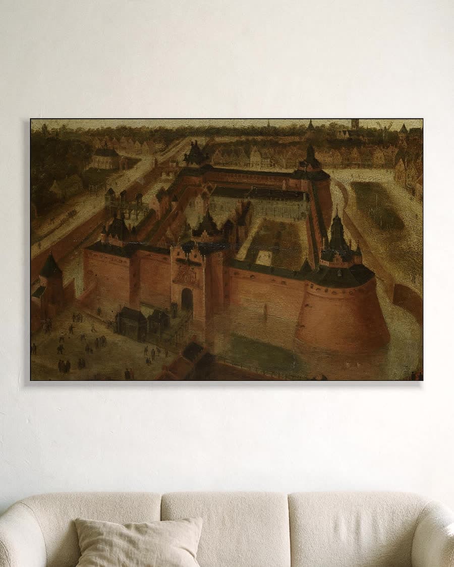 Het kasteel Vredenburg te Utrecht in vogelvlucht in een aluminium frame aan dezelfde muur