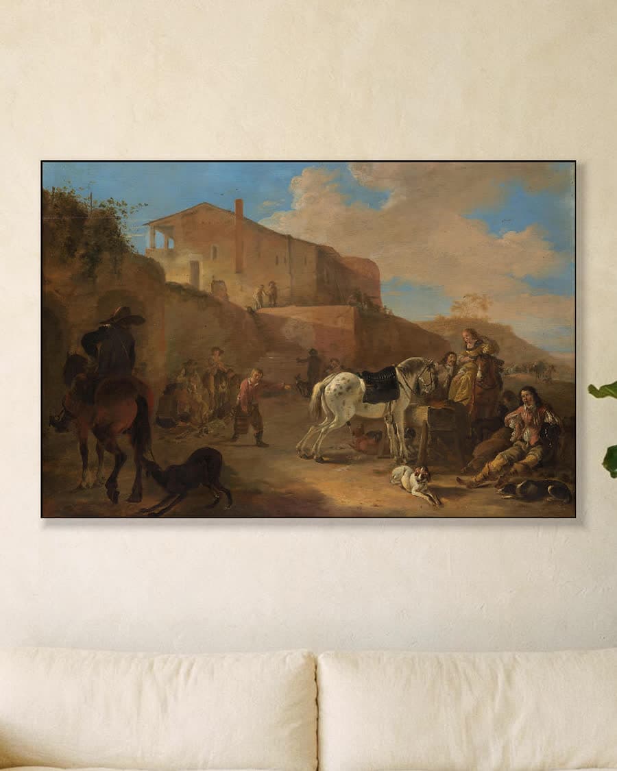 Het jachtgezelschap in een aluminium frame aan dezelfde muur