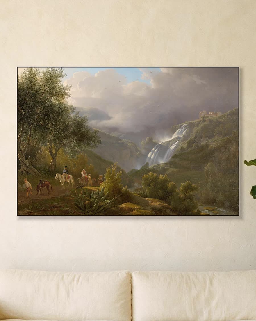 De cascatelle bij Tivoli bij opkomend onweer in een aluminium frame aan dezelfde muur