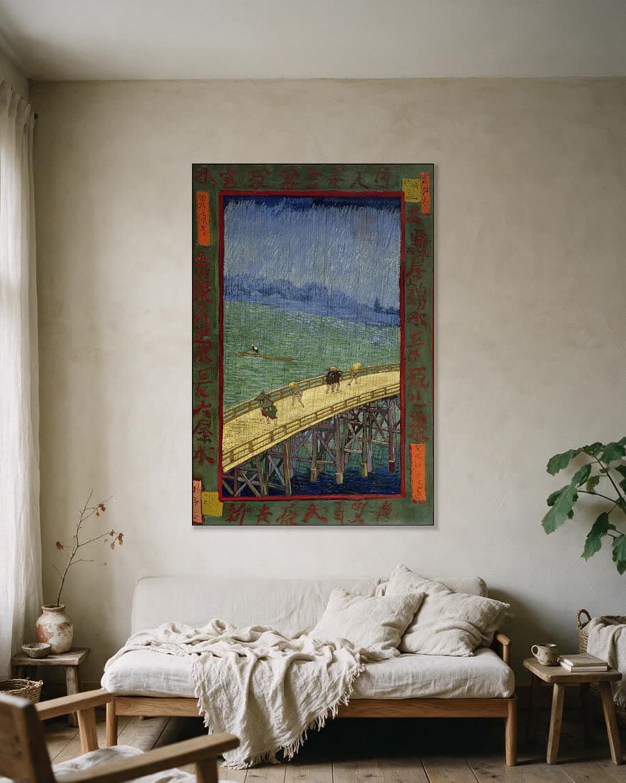 Brug in de regen (naar Hiroshige) in een aluminium frame aan dezelfde muur
