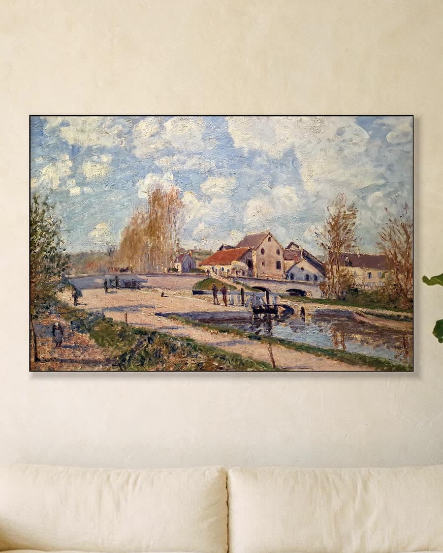 Het kanaal van de Loing bij Moret in een aluminium frame aan dezelfde muur