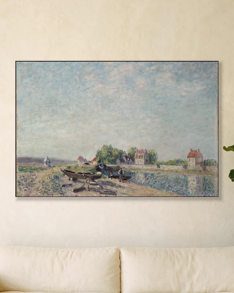 Saint-Mammès, het kanaal van de Loing in een aluminium frame aan dezelfde muur