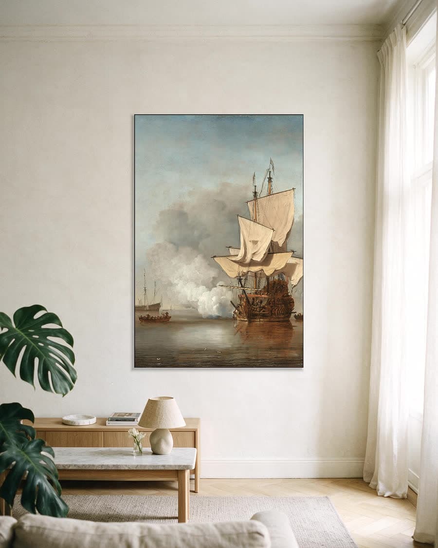 Het kanonschot in een aluminium frame aan dezelfde muur