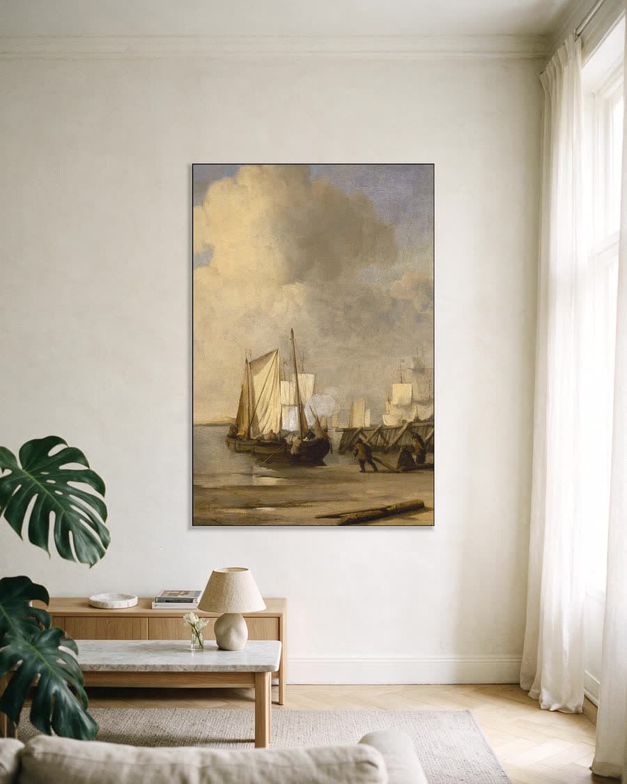 Een kaag komt aan land bij een strekdam in een aluminium frame aan dezelfde muur