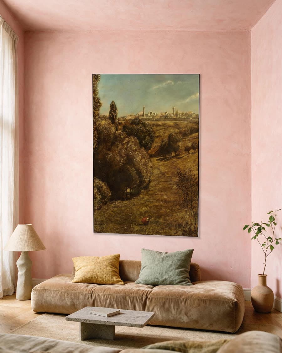 Stadsgezicht vanuit de heuvels in een aluminium frame aan dezelfde muur