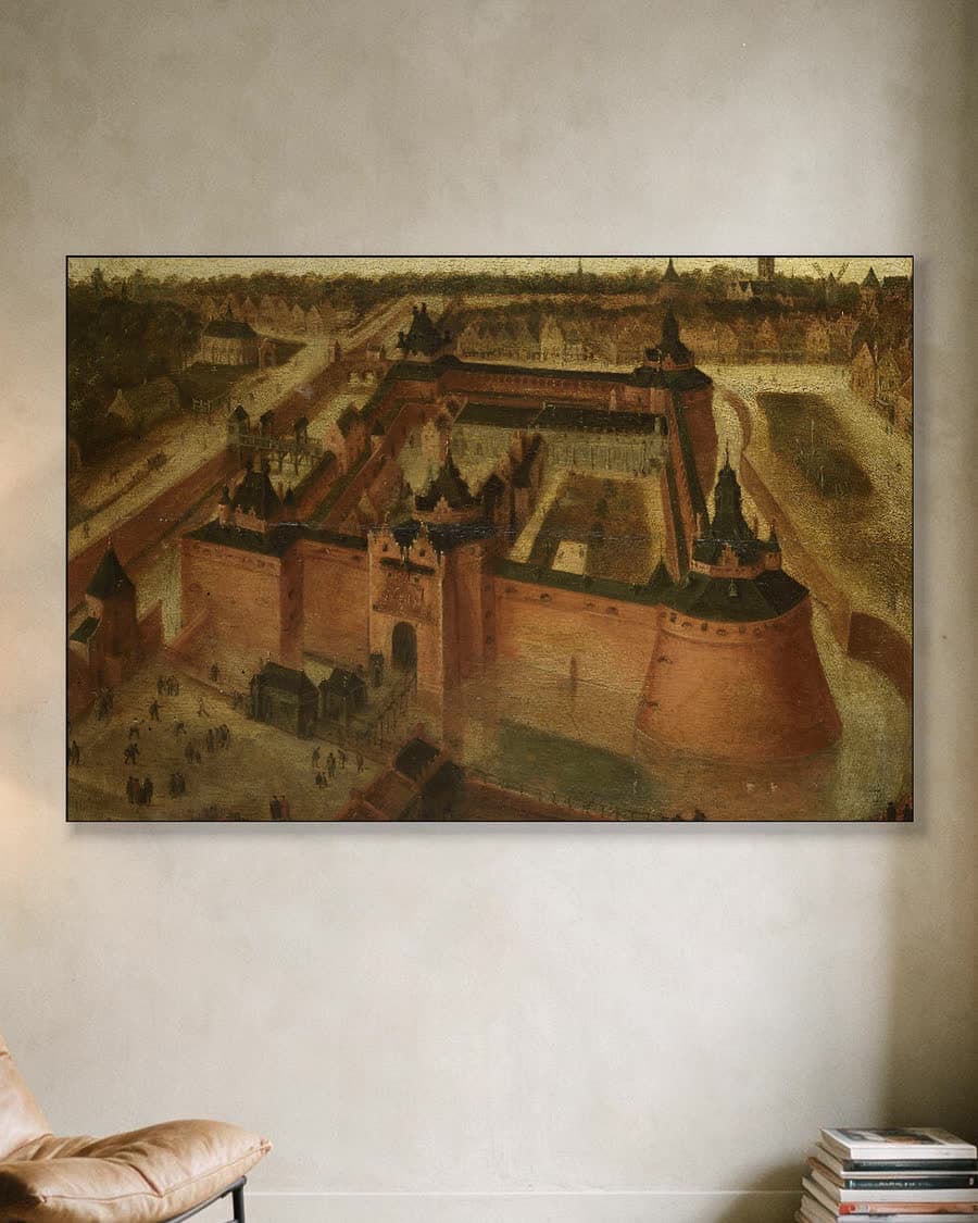 Het kasteel Vredenburg te Utrecht in vogelvlucht in een aluminium frame aan dezelfde muur