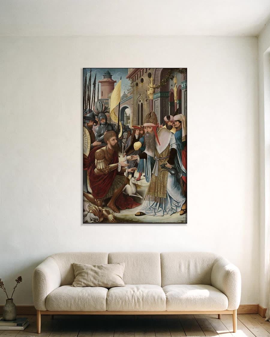 Linkervleugel van een altaarstuk met de ontmoeting van Abraham in een aluminium frame aan dezelfde muur