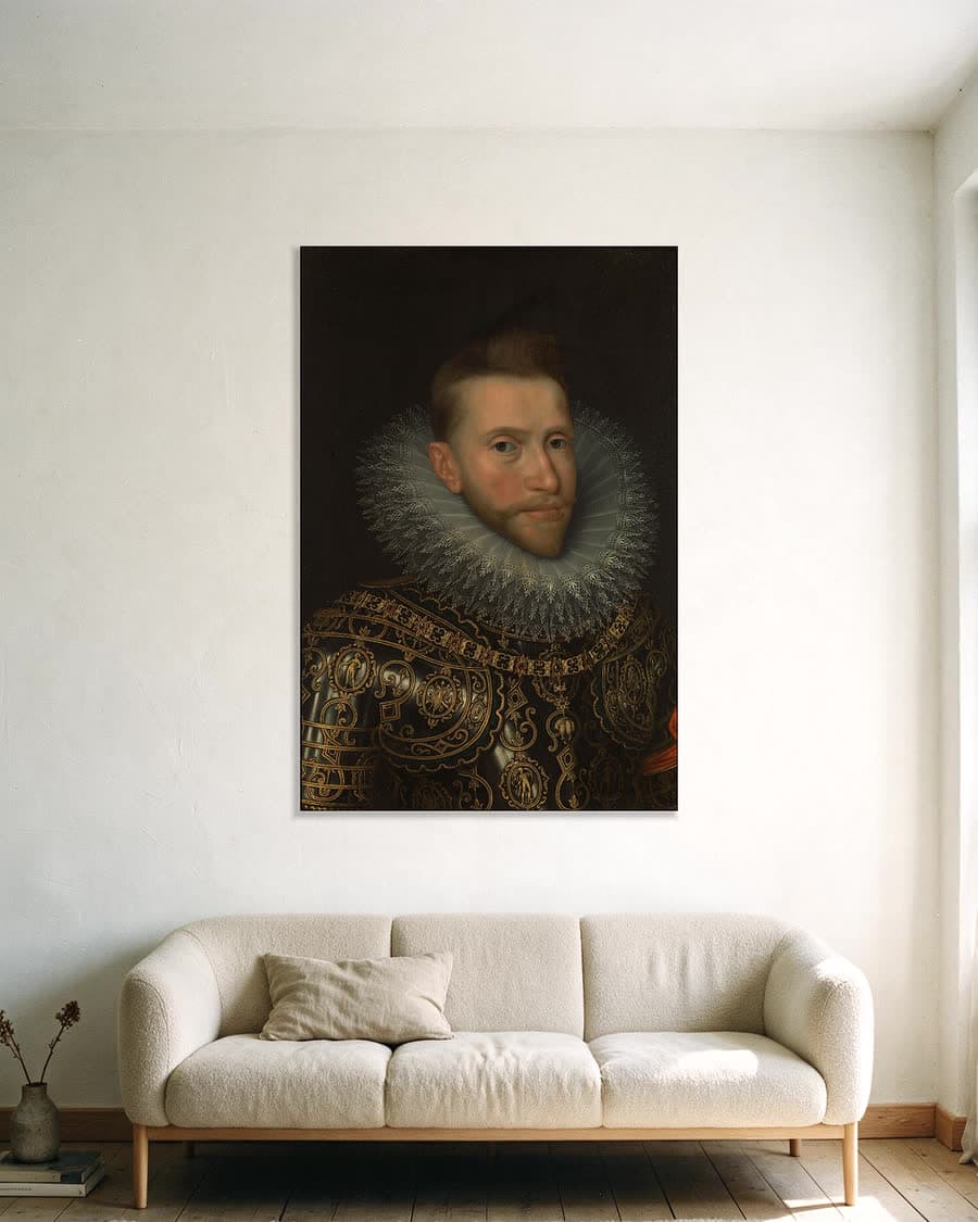 Portret van Albrecht van Oostenrijk (1559-1621), aartshertog in een aluminium frame aan dezelfde muur