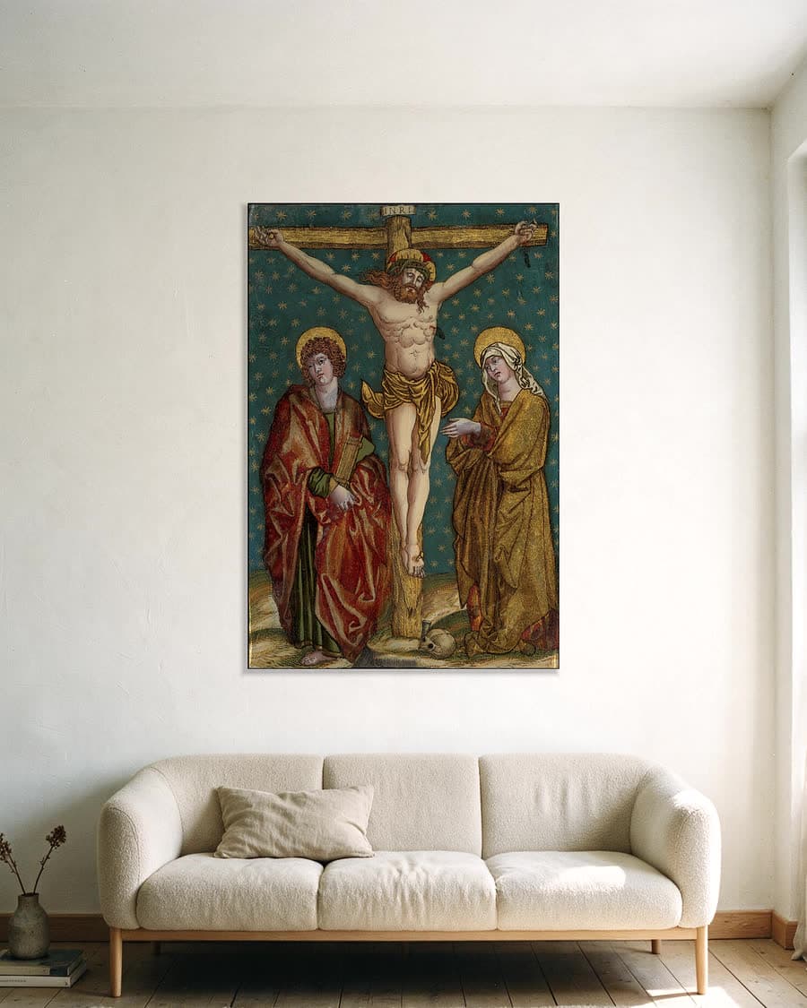 Kruisiging van Jezus met Maria en Johannes in een aluminium frame aan dezelfde muur