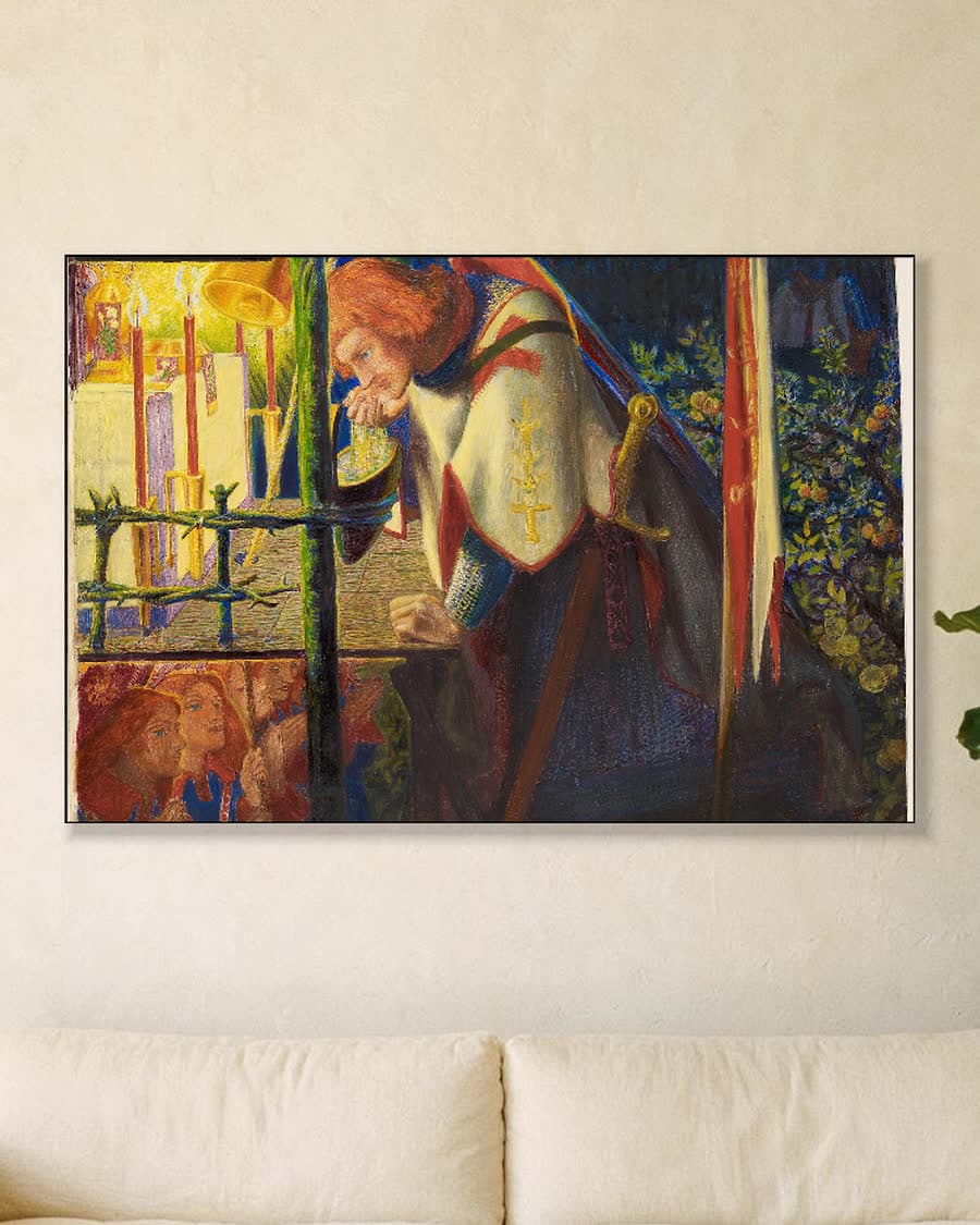 Sir Galahad bij de vervallen kapel in een aluminium frame aan dezelfde muur