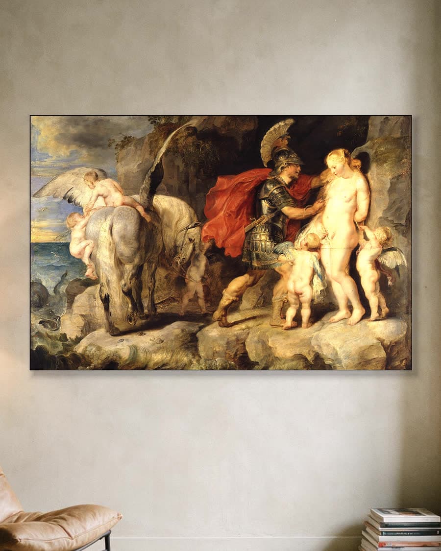 Perseus bevrijdt Andromeda in een aluminium frame aan dezelfde muur