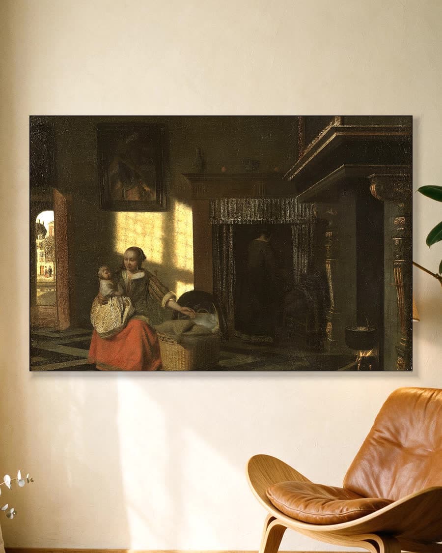 Moeder bij de wieg in een aluminium frame aan dezelfde muur