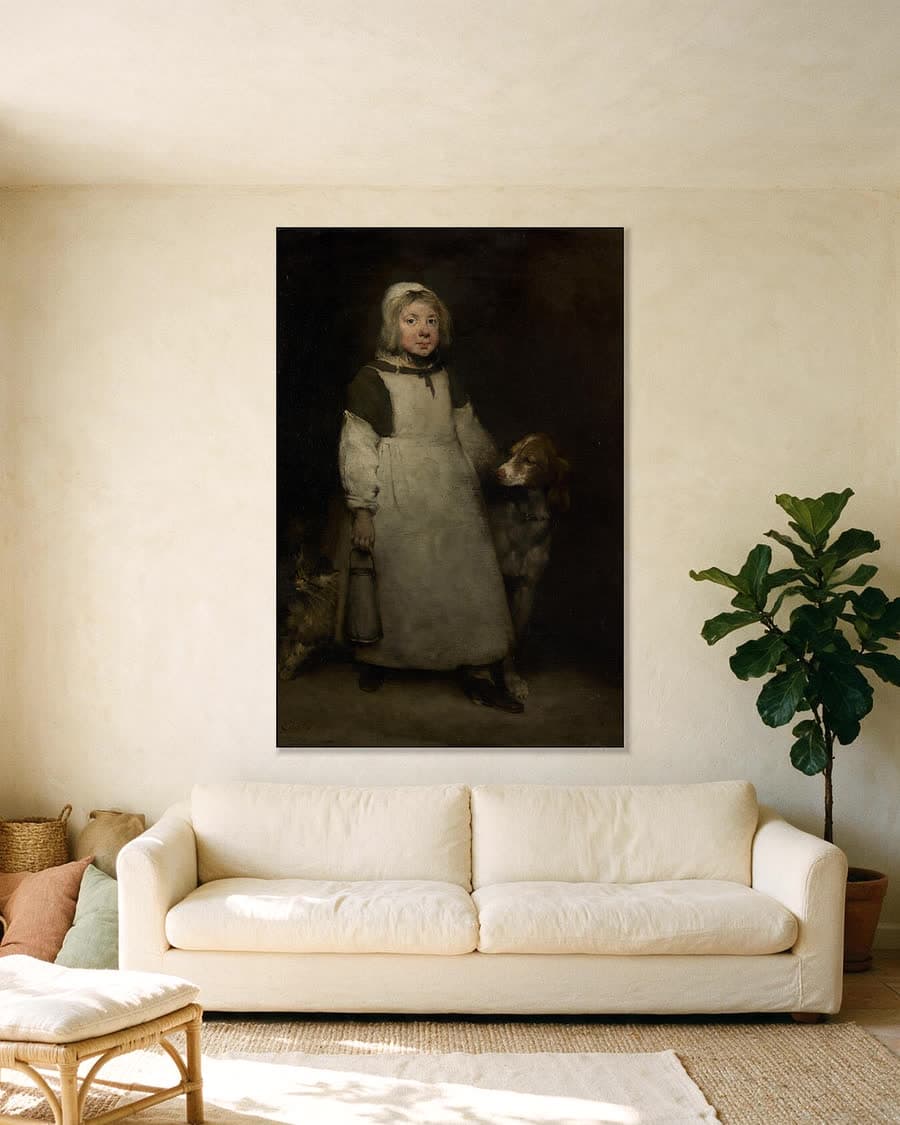 Het melkmeisje in een aluminium frame aan dezelfde muur