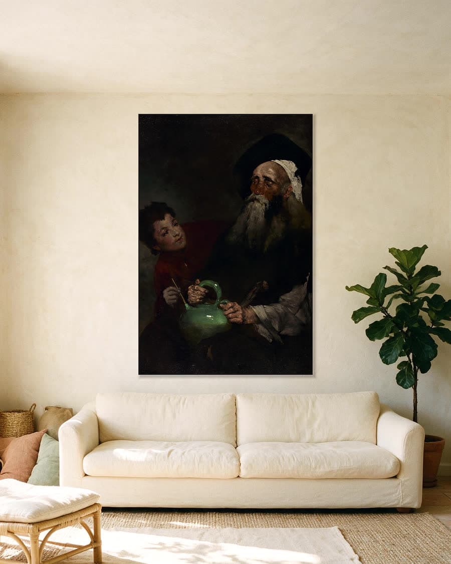 Lazarillo de Tormes en zijn blinde meester in een aluminium frame aan dezelfde muur