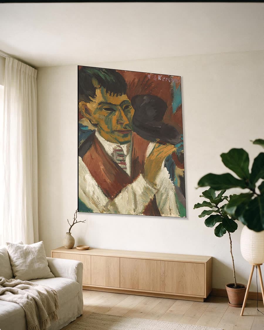 Hoofd met pijp in een aluminium frame aan dezelfde muur