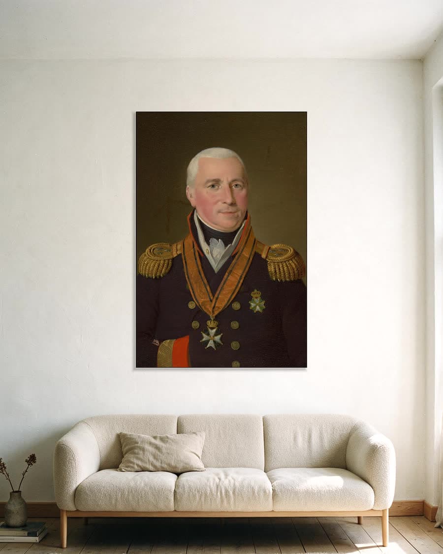 Portret van Gerrit Verdooren, vice-admiraal in een aluminium frame aan dezelfde muur